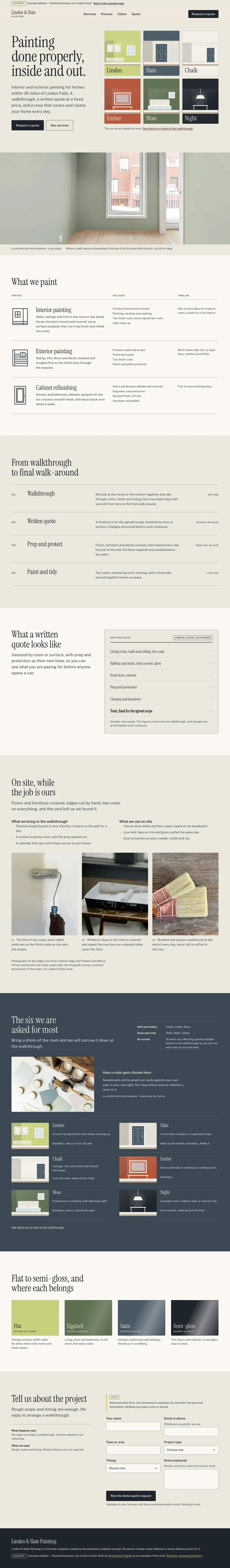 The complete Linden & Slate Painting concept page from top to bottom: the headline and six color cards, the services, the four-step process, the colors on drawn walls, the finishes, and the quote form.