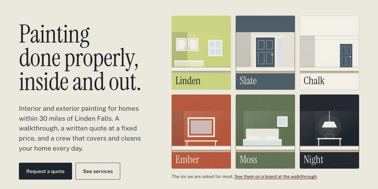 The first screen of the Linden & Slate Painting concept page: a large serif headline, a request-a-quote button and six named colour cards.