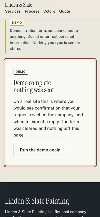 Phone view of the concept's quote form after the demonstration runs, showing the message: Demo complete, nothing was sent.